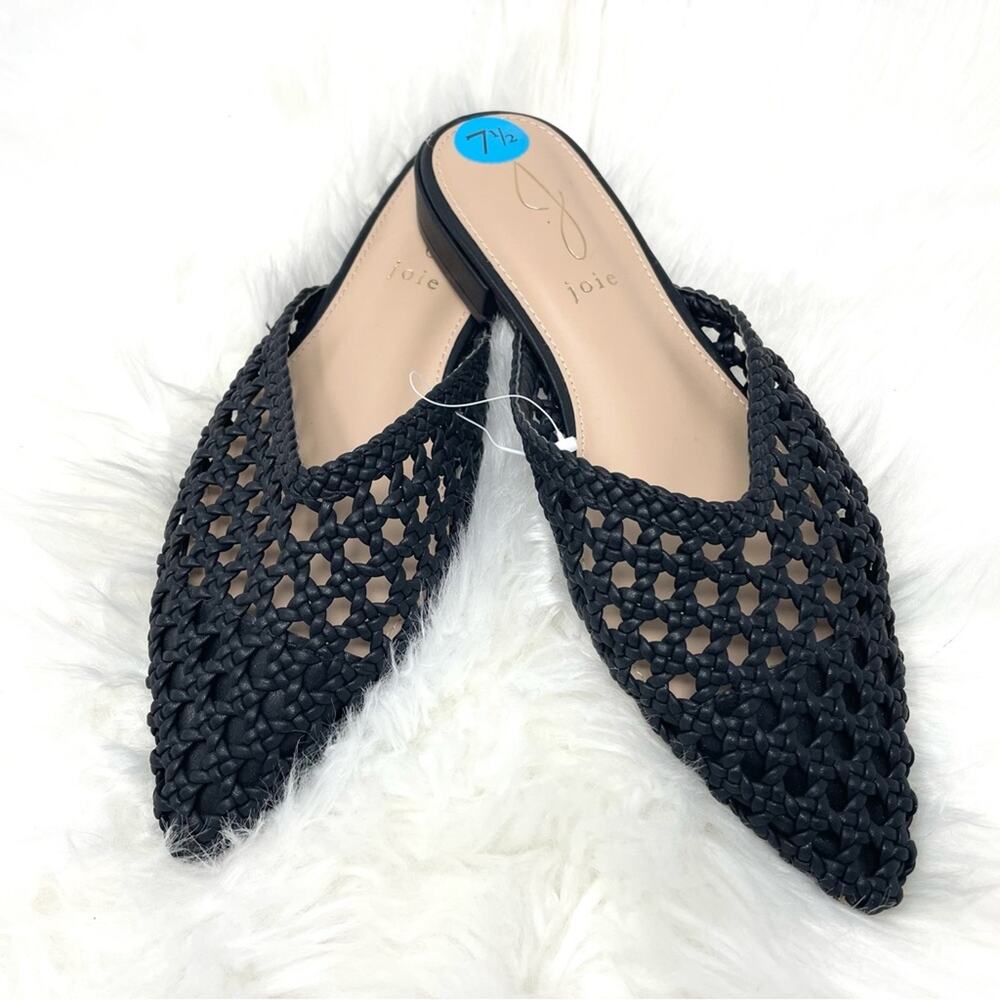 Joie Black Woven Vegan Leather "Behold" Pointed Toe Mules Flats, Women's 7.5